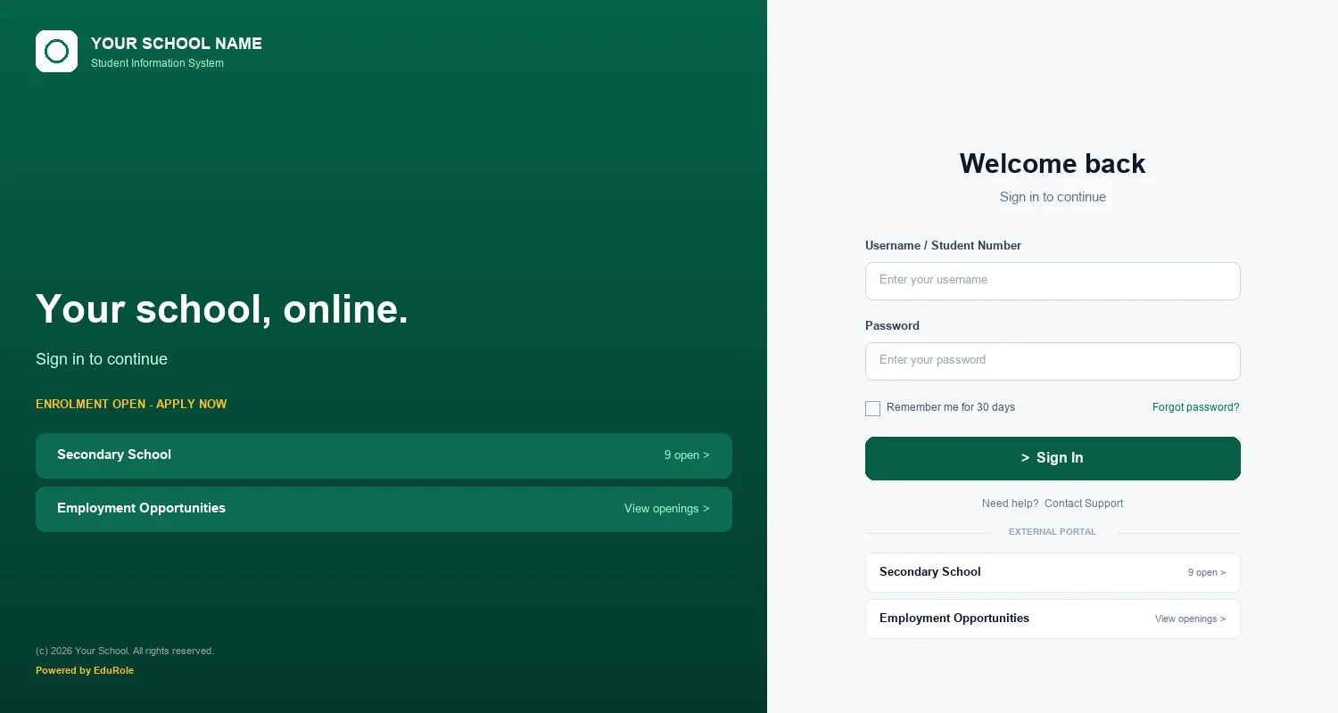EduRole School cloud login — a school's own branded sign-in portal with student and parent access plus enrolment and employment links